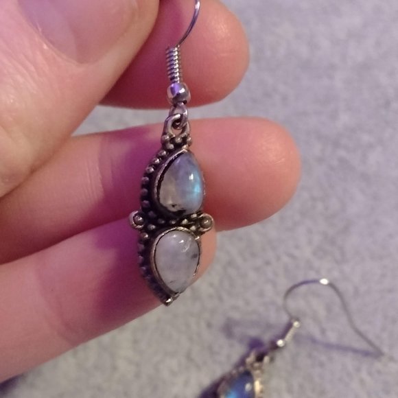 🌜Magical Moonstone! Silver Tone Double Tear Drop Bali Style Boho Hippie Witchy - Picture 3 of 5